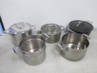 5 x Assorted Sized Pots to Include: 3 x Stock, 1 x Mussel & 1 x Colander