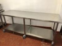 Mobile Stainless Steel Prep Table with Shelf Under. Size H90cm x W220cm x D80cm