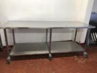 Mobile Stainless Steel Prep Table with Shelf Under. Size H90cm x W220cm x D80cm