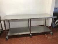 Mobile Stainless Steel Prep Table with Shelf Under. Size H90cm x W220cm x D80cm