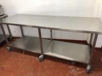 Mobile Stainless Steel Prep Table with Shelf Under. Size H90cm x W220cm x D80cm