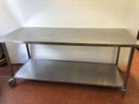 Mobile Stainless Steel Prep Table with Shelf Under. Size H90cm x W200cm x D80cm