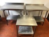 3 x Assorted Sized Stainless Steel Prep Tables with Shelf Unders to Include: 1 x H85cm x W90cm x D60cm, 1 x H86cm x W90cm x D65cm & 1 x H60cm x W60cm x D60cm