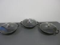 3 x Staub 31cm Cast Iron Wok with Glass Lids