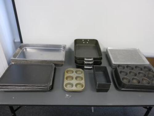 Approx 55 x Assorted Sized Cooking Trays to Include: 4 x Roasting Trays 52cm, 3 x Roasting Tins 39cm, 17 x Steamer Trays 40cm, 19 x Trays 40cm,7 x Bun Tins, 5 x Loaf Tins