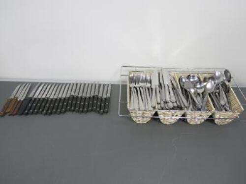 Approx 445 Pieces of Cutlery to Include: 24 x Serrated Edged Knives, 129 x Forks, 188 x Knives & 108 x Spoons (As Pictured/Viewed/Count Approx)