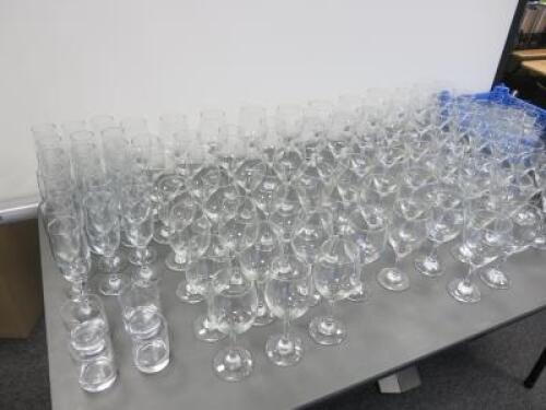 Glassware Contents of Wine Bar to Include: 80 x Wine Glasses, 19 x Champagne Glasses, 32 x Hi Ball Glasses & 51 x Shot Glasses