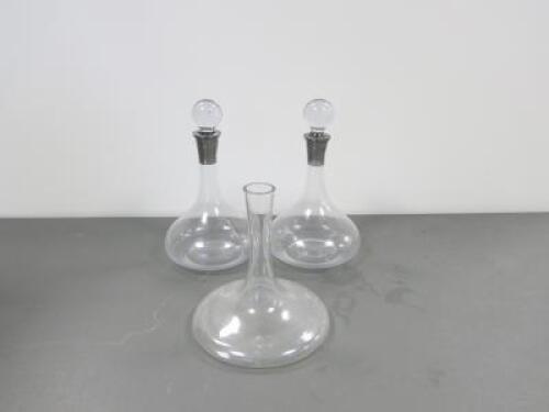 3 x Assorted Sized Wine Decanters. Note: 1 Missing Stopper