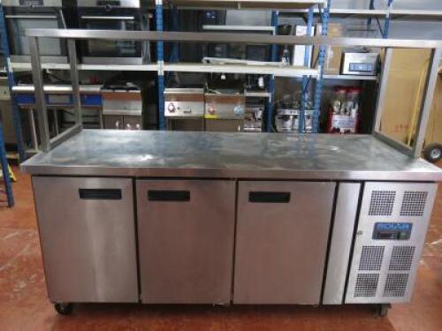 Polar 3 Door Mobile Refrigerated Counter Top Preparation Unit with Shelf Over, Model Polar G597. Size H138cm x W180cm x D70cm