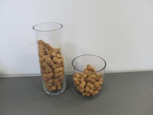 2 x Assorted Sized Glass Vases with Corks, Size H42cm & H20cm. NOTE: Slight chip to rim (As Pictured/Viewed)