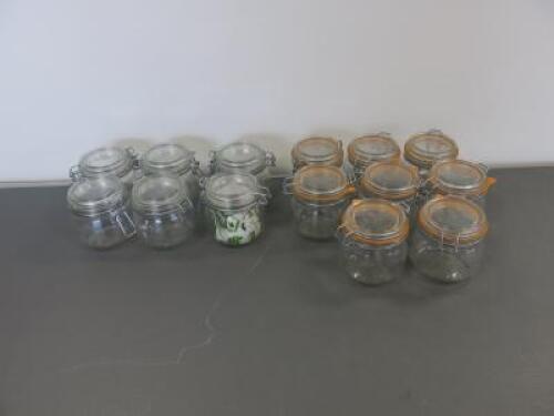 14 x Used Le Parfait Super Deluxe 500g Fench Glass Jar. NOTE: 6 missing rubber seal