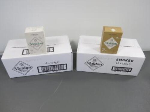 2 x Boxes of 12 Maldon Salt 125g to Include: 1 x Box of 12 Maldon Sea Salt Flakes & 1 x Box of 12 Maldon Smoked Sea Salt