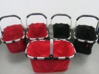 5 x Reisenthal Lightweight Canvas Shopping Baskets with Fold Down Handle & Zip Pocket (3 x Red & 2 x Black)