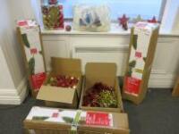 Qty of Assorted Christmas Decorations & Trees to Include: 3 x Home 6ft Pre Lit Nordland Xmas Trees, 2 x Boxes of Assorted Gold & Red Decorations & 1 x Bag of Assorted Tree Decorations