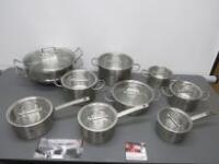 9 x Ex Display Zwilling Stainless Steel Cookware to Include: 5 x Assorted Sized Stock Pots with Lids, 3 x Assorted Sized Saucepans with Lids & 1 x Wok with Steamer Insert with Lid