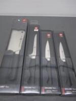 New/Packaged Set of 4 Zwilling Pure Profeessional Chef's Knives to Include: 6" Cleaver, 5" Boning, 2 x 4" Paring