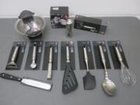 11 x New Zwilling Kitchen Utensils to Include: Sieve, Can Opener, Pot Holder, 8 x Other Utensils