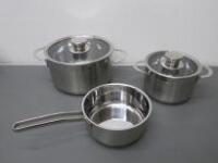 3 x New Assorted Sized Induction Saucepan & Stock Pots with 2 Lids. Size 14 & 20cm