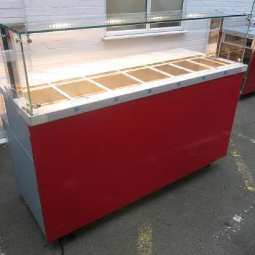 New/Unused (Manufactured July 2017) TFSE Products Ltd, Café Counter Heated Wet Well Bain Marie Servery. Model SM1750-740BM.Quartz Heat Lit Gantry with Toughened Glass Screen Top, Front & Sides. Stainless Steel Construction with Red Laminate Fascia. Size H