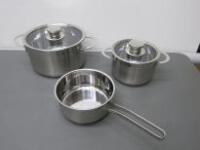 3 x New Assorted Sized Induction Saucepan & Stock Pots with 2 Lids. Size 14 & 20cm