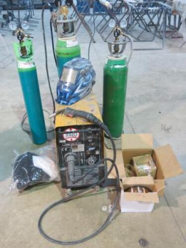 ARO Mig Welder, Model Combi Mig 111-16. Comes with 1 x New Catu Arc Flash Protective Shield, 1 x Used Welding Mask, 1 x Reel of Welding Wire & Assorted Welding Consumables (Bottles Not Included).