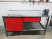 J.A.S.Metal Workbench with Door, Shelf Under & Record 5 Ton Engineers Vice. Size H85cm x D75cm x W150cm.