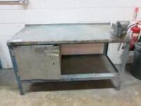 J.A.S.Metal Workbench with Door, Shelf Under & Record 5 Ton Engineers Vice. Size H85cm x D75cm x W150cm.