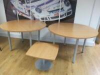 3 x Light Wood Tables to Include: 2 x Round Meeting Tables, D120cm & 1 x Sq Coffee Table 60cm x 60cm.