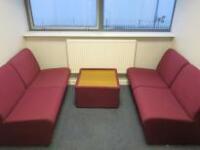 Set of 4 Wallace Waiting Room Chairs with Matching Table. Upholstered in Burgundy Hopsack Cloth.