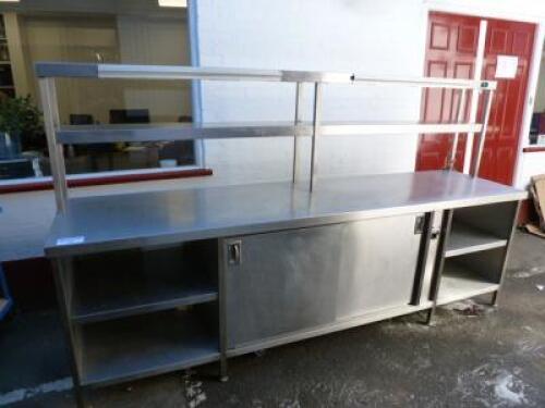 Stainless Steel Heated/Warming Plate & Serve Over Counter with 2 Sliding Doors to Centre & Open Cabinets to Ends, Double Shelf Serve Over with 8 Halogen Lights & 2 Receipt Order Pickers. Size (H) 90cm x (W) 280cm x (D) 70cm.