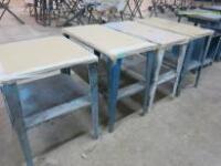 4 x Assorted Sized Metal Parts Table with Shelf Under. Size; 3 x H76cm x W90cm x D45cm & 1 x H76cm x 60cm x 60cm