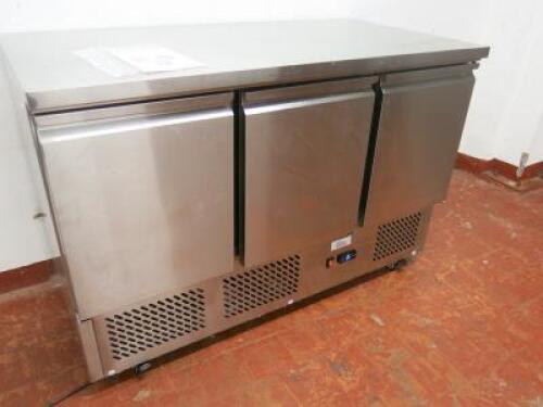 Valera Stainless Steel 3 Door Preparation Counter Fridge on Castors, Model VSALSS3, S/N 133004190418, DOM 04/2019. Comes with Instruction Manual. Size H85cm x W136cm x D70cm.