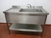 Large Stainless Steel Single Bowl Sink with Shelf Under & Mixer Tap. Size H90cm x W120cm x D70cm.