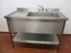 Large Stainless Steel Single Bowl Sink with Shelf Under & Mixer Tap. Size H90cm x W120cm x D70cm.