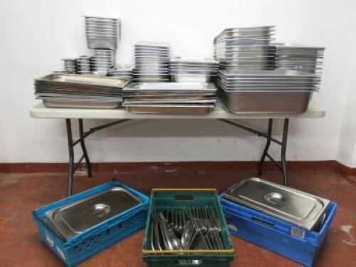 Large Quantity of Approx 156 x Genware & Vogue Stainless Steel GN Pans & 124 x Lids to Include:30 x 1/9 with 37 Lids, 23 x 1/6 with 24 Lids,7 x 1/4 with 6 Lids, 6 x 1/3 with 6 Lids,12 x 1/2 with 7 Lids &78 x Assorted Depth 1/1 with 44 Lids.NOTE: crates no