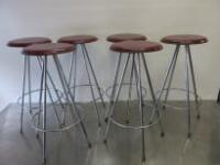 12 x Pyramid Steel Wire Stools with Red Leather Seat. Size H66cm x D30cm