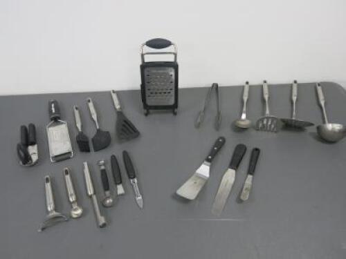20 x Assorted Items of Branded Zwilling, Microplane & Hygiplas Cookware to Include: Spoons, Ladles, Tongs, Masher, Peelers, Spatulas, Graters (As Pictured/Viewed)