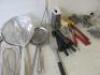 51 x Assorted Lot of Kitchen Utensils to Include: Ladels, Spoons, Whisks, Skimming Spoons, Potatoe Masher, Cheese Grater, Spatulas, Tongs etc. NOTE: does not include can opener - 3