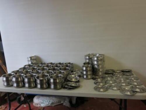 Approx 73 x Stainless Steel items of Indian Tableware to Include: 52 x Dishes, Size 15cm with 11 Lids, 21 x Dishes, Size 13cm with 19 Lids