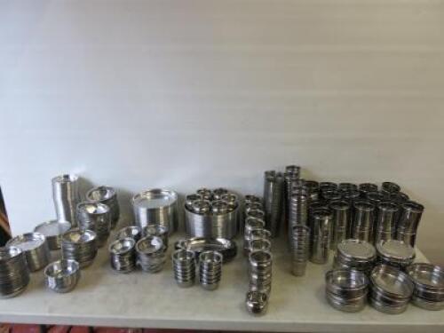 Approx 540 x Pieces of Assorted Stainless Steel Indian items of Tableware to Include: 37 x Trays Size D27cm, 47 x Trays Size D22cm, 21 x Trays Size D17cm, 76 x Trays Size D13cm, 17 x Trays Size L27cm, 22 x Trays Size D14cm, 27 x Bowls Size D15cm, 22 x Bow