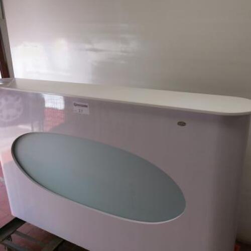 Curved Illuminated Reception Desk in White Gloss with Composite Counter Top. Draws & Cupboards to Rear. Size (W) 165cm x (H) 100cm x (D) 50cm. (Condition As Viewed).