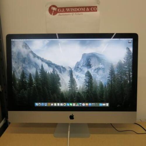 Apple iMac 27" Widescreen Computer, Processor 3.4ghz Intel Core i5, 8GB RAM, 1TB HDD, Graphics NVIDIA GeForce GTX 775 2048MB, Running Mac OS X 10.10. NOTE: Chip to left of the screen in border and crack across the screen (As Viewed/Pictured).