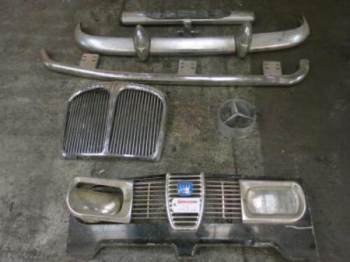 6 x Assorted Car Parts to Include: Bumper, Bumper Bar, Step, Chrome Grill, Mercedes Logo & Saab Front Grill with Lights.