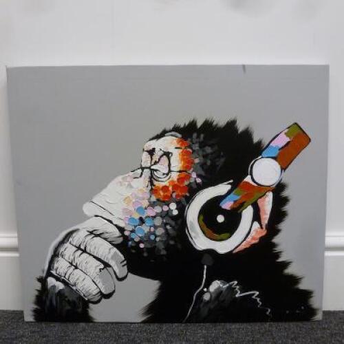 Banksy Print "Monkey Gorilla Chimp" Canvas Wall Art Enhanced with Acrylic Paint Applied with A Pallet Knife, Size H50cm x W60cm