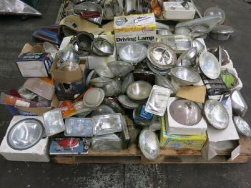 Pallet with Large Quantity of Assorted Car Light Bulbs to Include: New & Used Sealed Beam Units, Halogen Bulbs, Lenses & Driving Lamps.