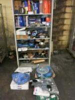 Cabinet Containing Approx 60 x Assorted Car Parts for Various Models to Include: Air Filters, Brake Shoes, Disc Pads, Distributor Caps, Discs & Electric Window Mechanisms.