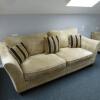 3 Piece Suite in Luxurious & Durable, Creamy/Gold Viscose Chenille Fabric. Includes Armchair, 3 Seater & 2 Seater Sofa's. Comes with Stripped Pattern, Deep Storage Footstool & 6 x Matching Cushions. Ashley Manor Upholstery. Appears in Good Condition. - 3