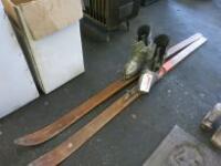 Pair of Vintage Wooden Skis with Boots.