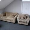 3 Piece Suite in Luxurious & Durable, Creamy/Gold Viscose Chenille Fabric. Includes Armchair, 3 Seater & 2 Seater Sofa's. Comes with Stripped Pattern, Deep Storage Footstool & 6 x Matching Cushions. Ashley Manor Upholstery. Appears in Good Condition. - 2