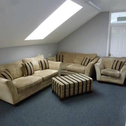 3 Piece Suite in Luxurious & Durable, Creamy/Gold Viscose Chenille Fabric. Includes Armchair, 3 Seater & 2 Seater Sofa's. Comes with Stripped Pattern, Deep Storage Footstool & 6 x Matching Cushions. Ashley Manor Upholstery. Appears in Good Condition.